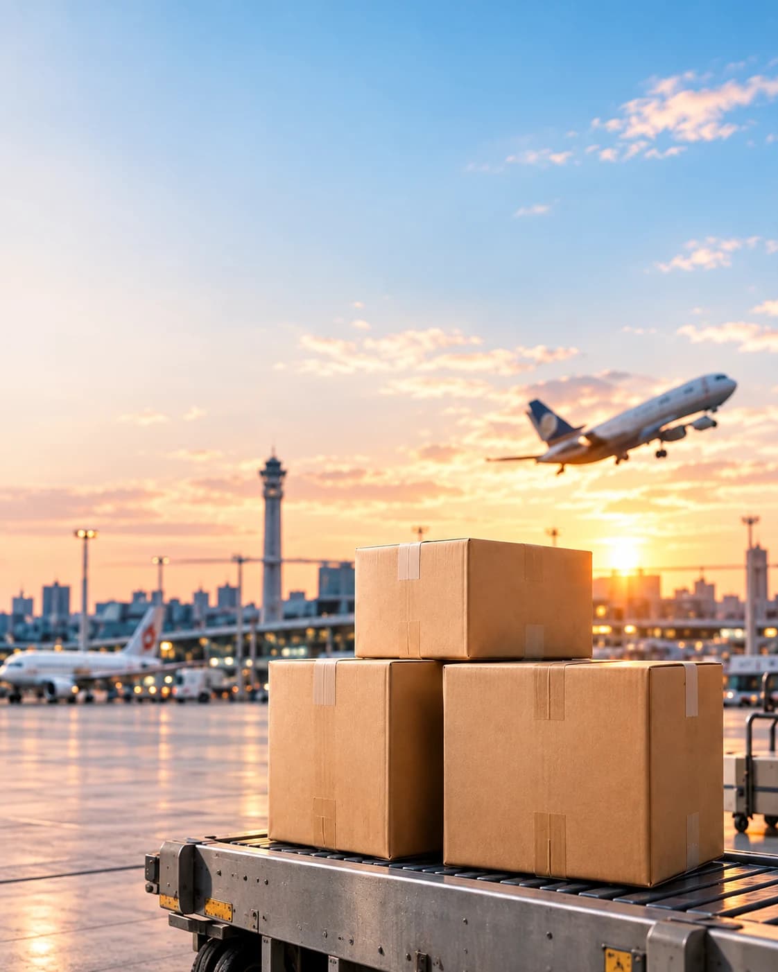 日本機場的航空貨運紙箱與起飛飛機